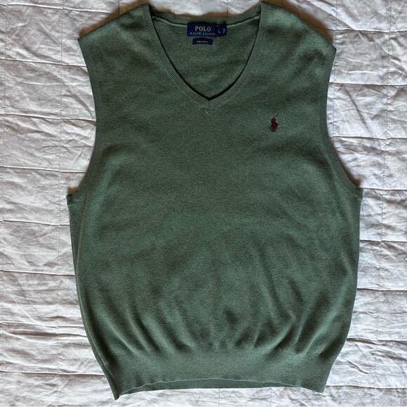 Polo Ralph Lauren Green Pima Cotton V Neck Sweater Vest Preppy Academia - Large - Picture 1 of 7